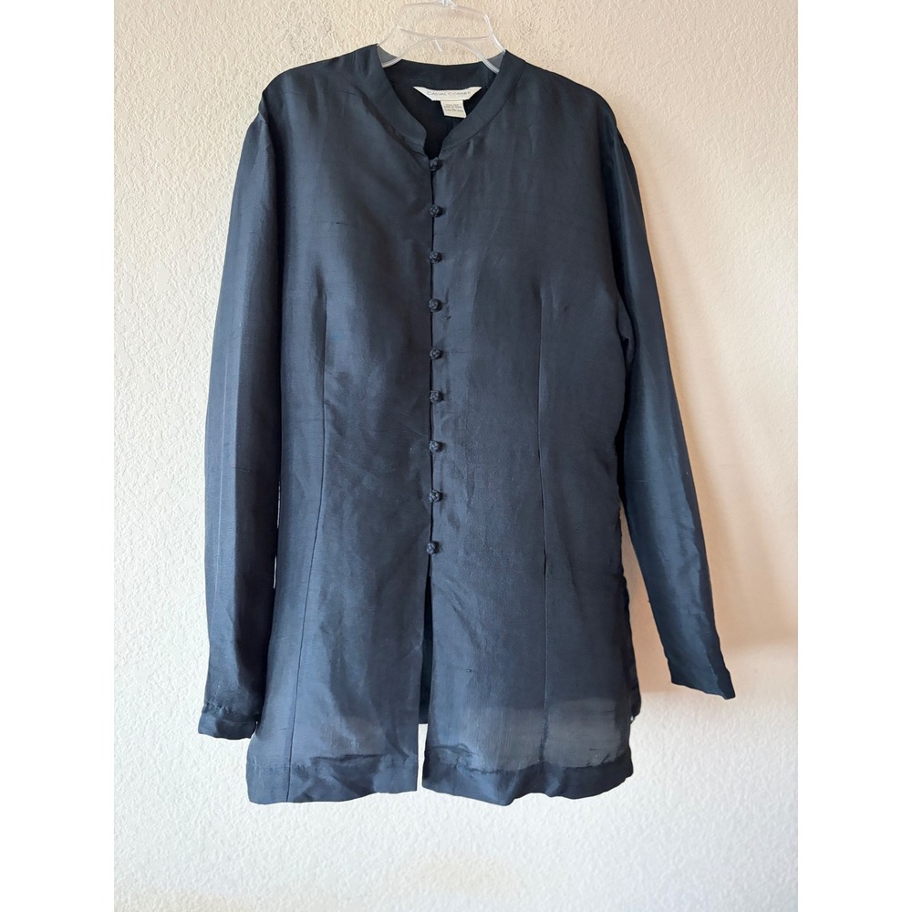 Casual Corner Black 100% Silk Mandarin Collar Frog Button Longline Blouse Large